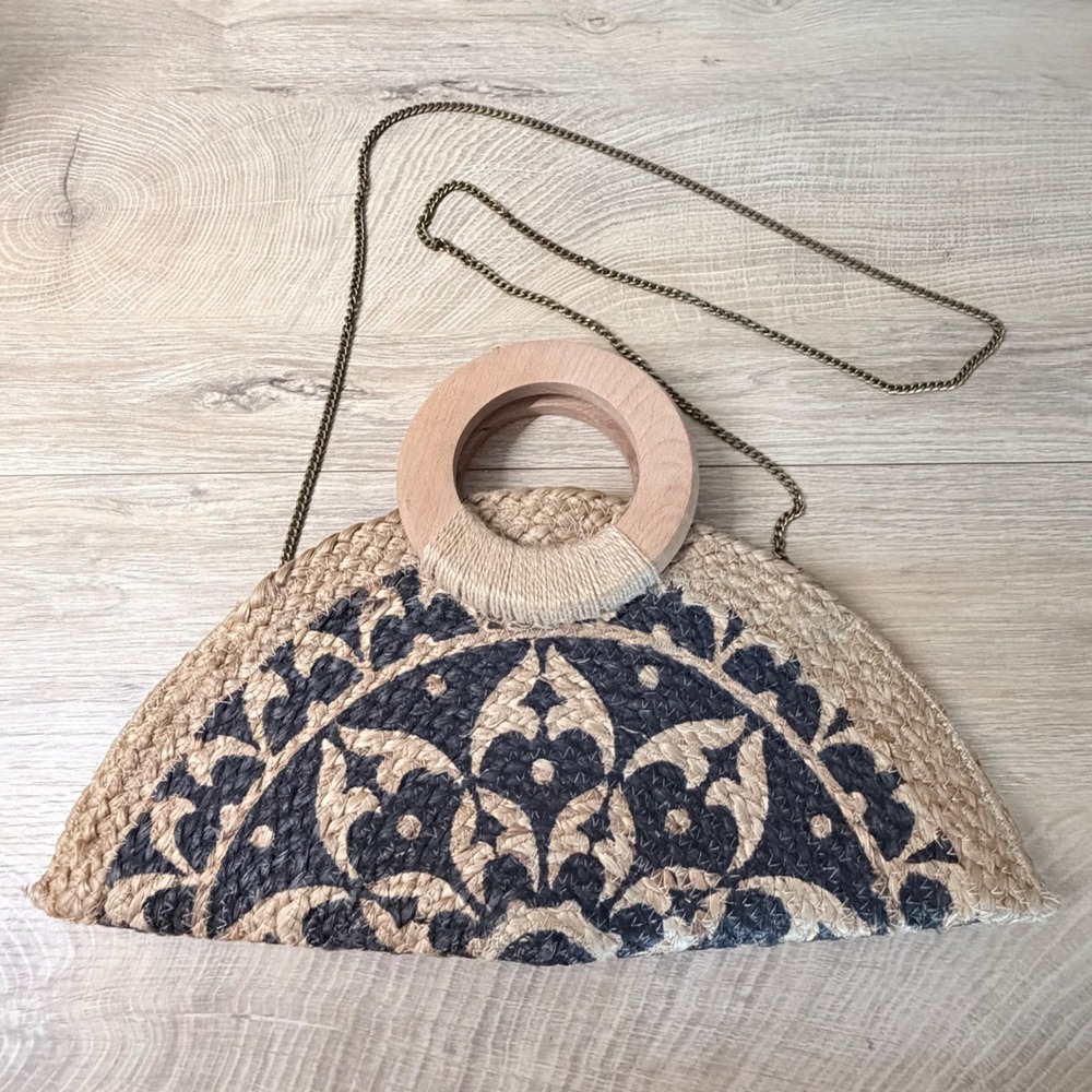 Antik Kraft Straw Handbag Womens OS Tan Black Mandala Wood Handle Chain Strap